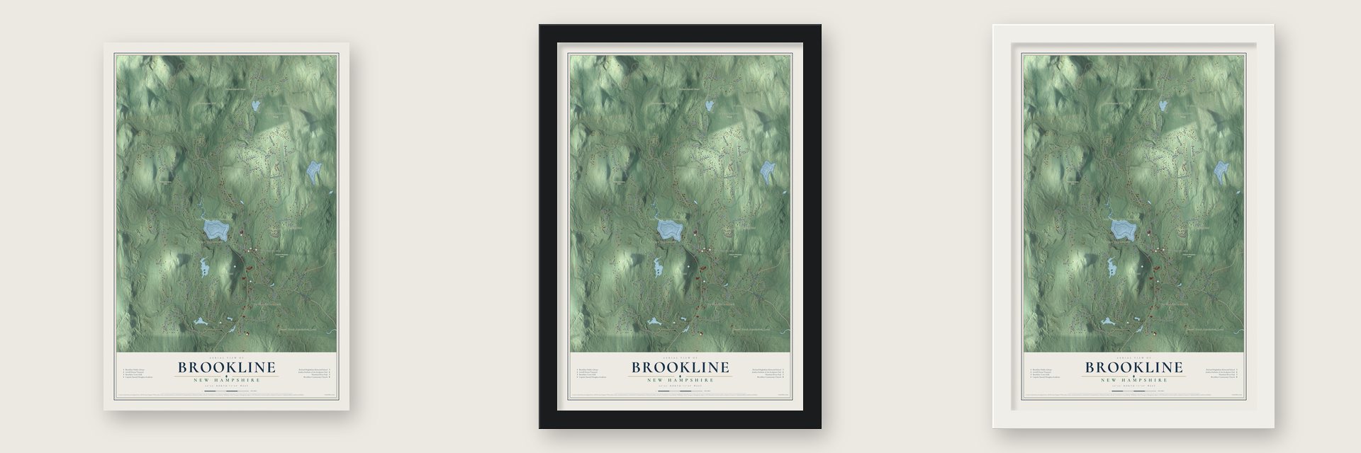Brookline, New Hampshire map unframed, in a black wood frame and in a white wood frame