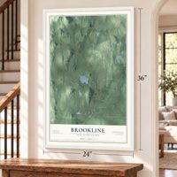 Brookline, New Hampshire map, 24 x 36 inch print in a white frame by a staircase