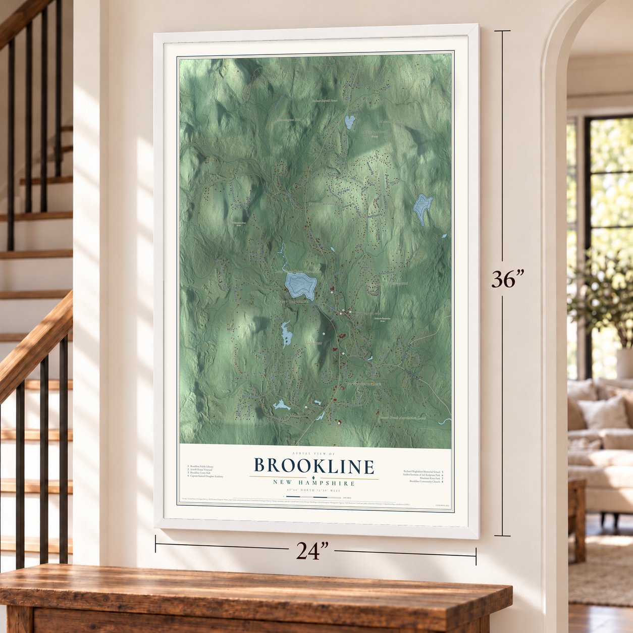 Brookline, New Hampshire map, 24 x 36 inch print in a white frame by a staircase
