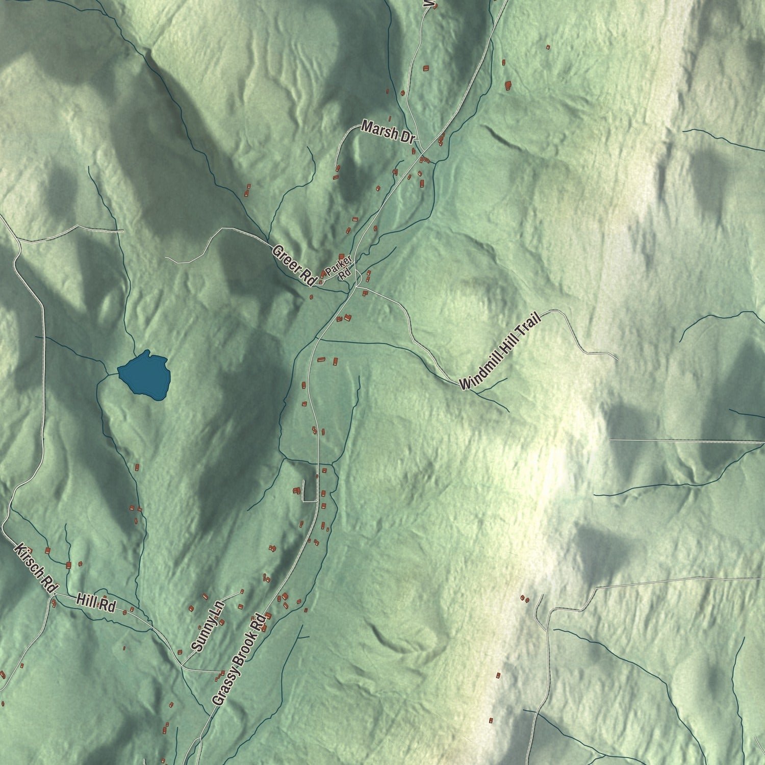 Close-up of the map of Brookline, Vermont print showing terrain and local geography