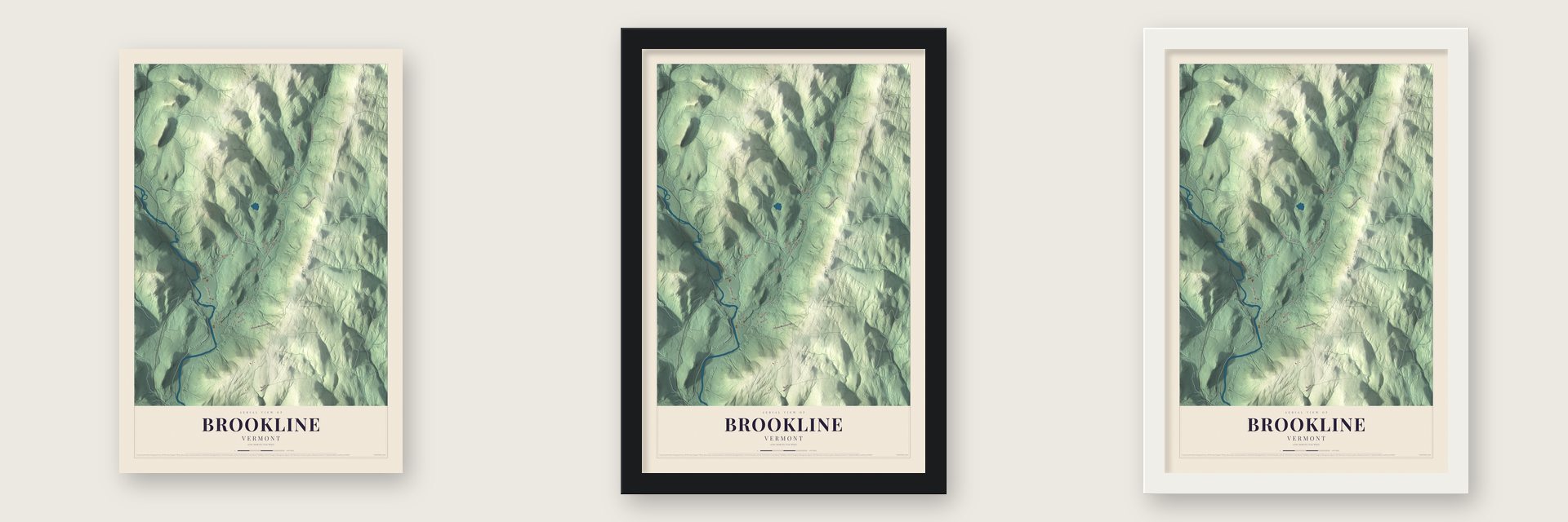 Brookline, Vermont map unframed, in a black wood frame and in a white wood frame