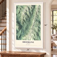Brookline, Vermont map, 24 x 36 inch print in a white frame by a staircase
