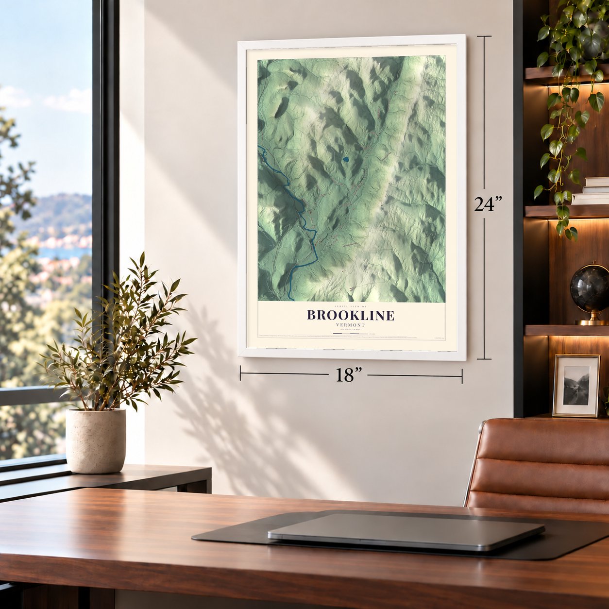Brookline, Vermont map, 18 x 24 inch print in a white frame in a home office