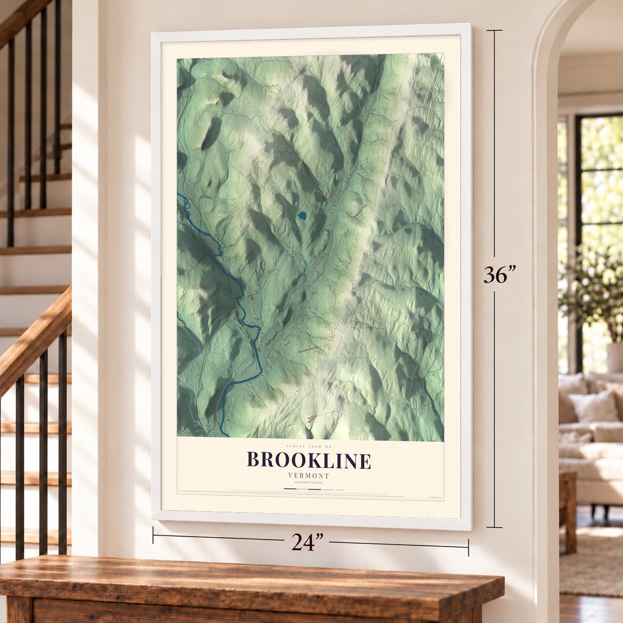 Brookline, Vermont map, 24 x 36 inch print in a white frame by a staircase