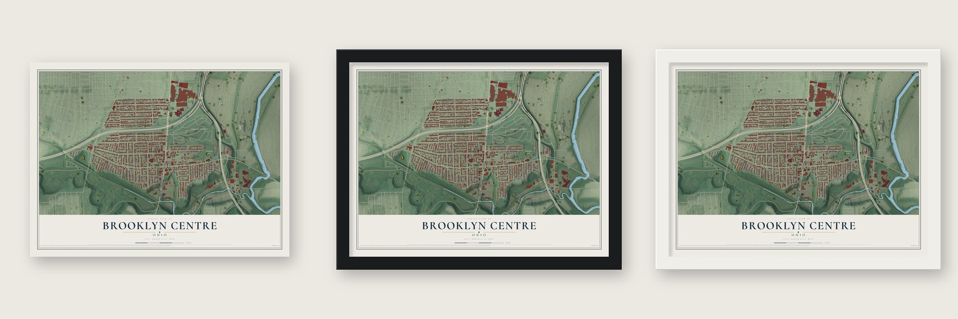 Brooklyn Centre, Ohio map unframed, in a black wood frame and in a white wood frame