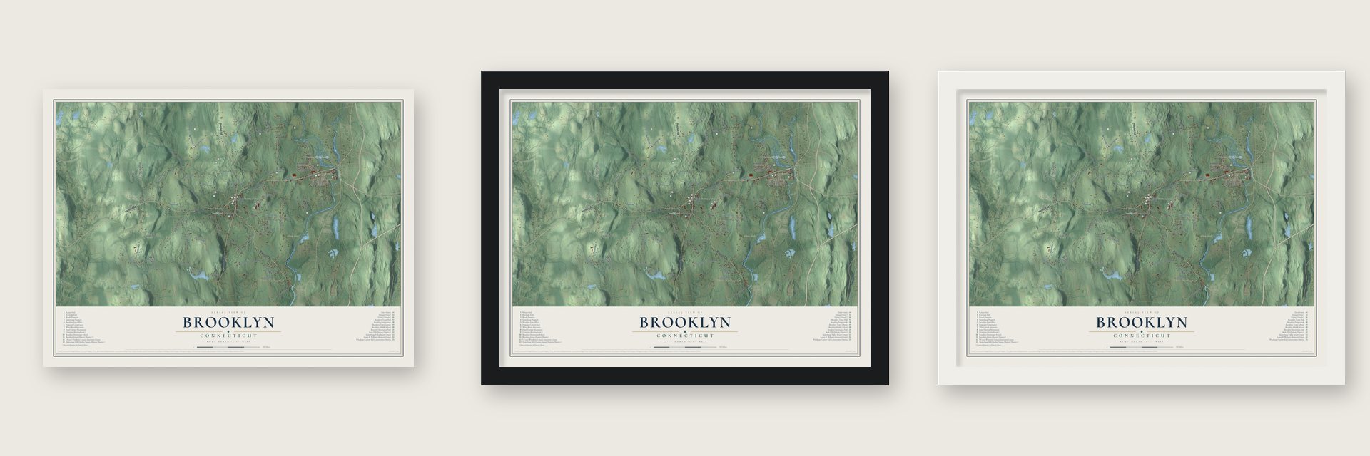 Brooklyn, Connecticut map unframed, in a black wood frame and in a white wood frame
