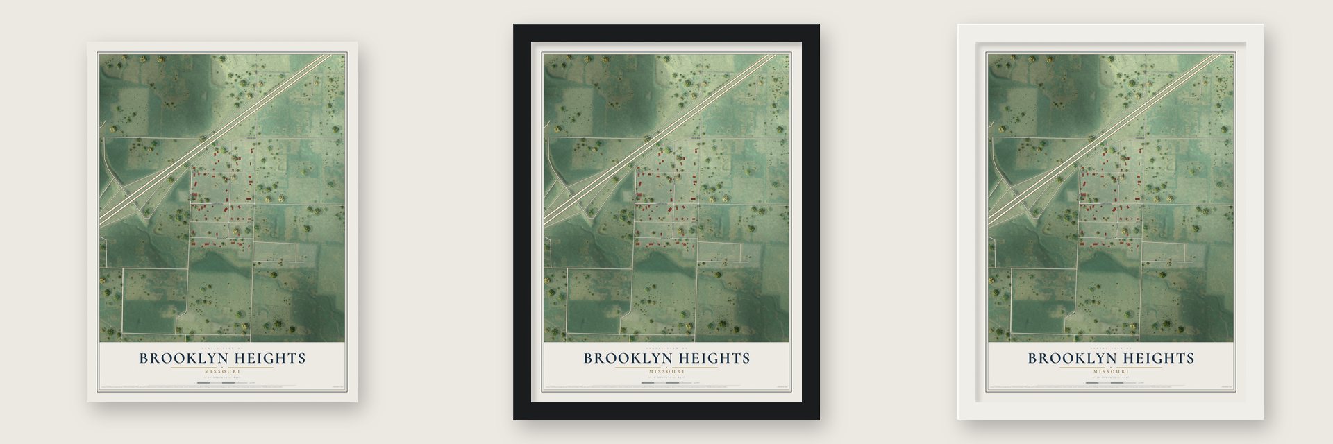 Brooklyn Heights, Missouri map unframed, in a black wood frame and in a white wood frame