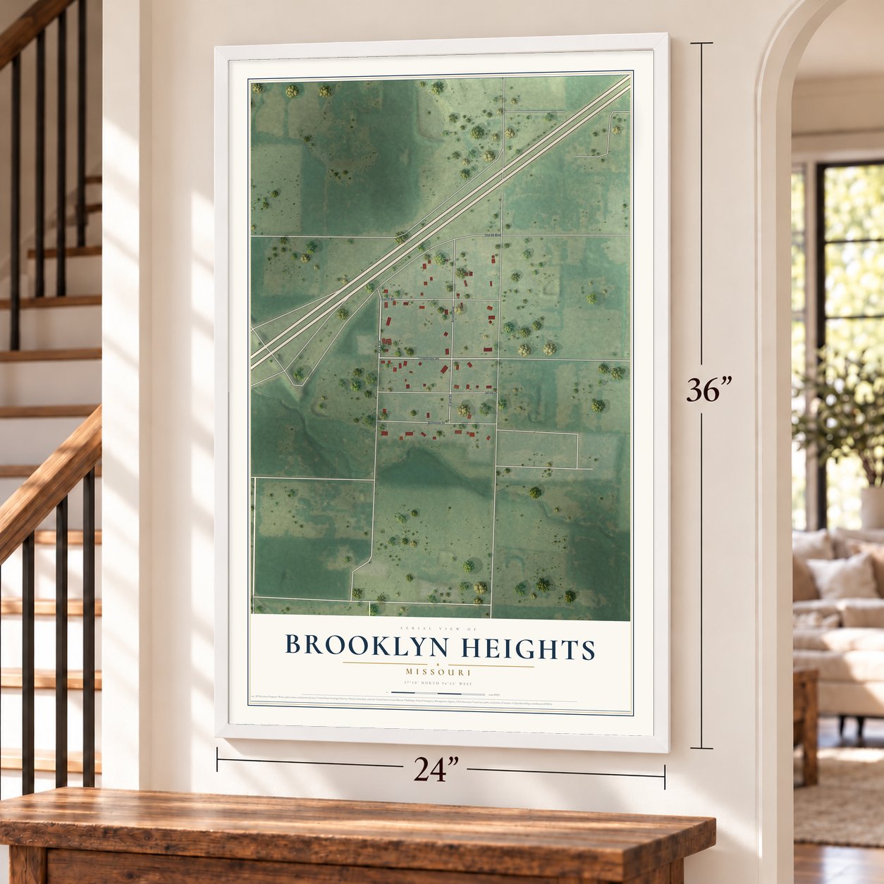 Brooklyn Heights, Missouri map, 24 x 36 inch print in a white frame by a staircase