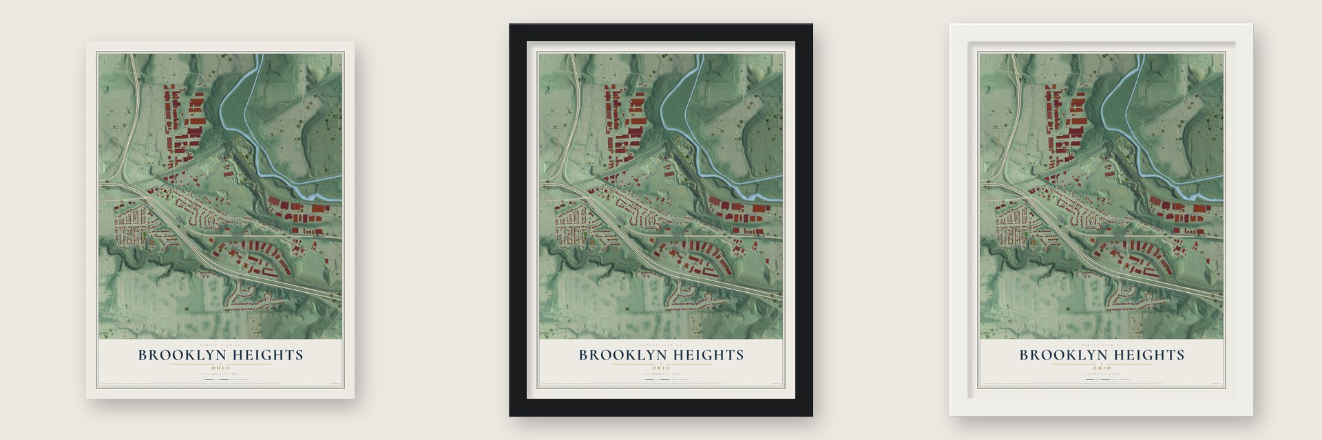 Brooklyn Heights, Ohio map unframed, in a black wood frame and in a white wood frame