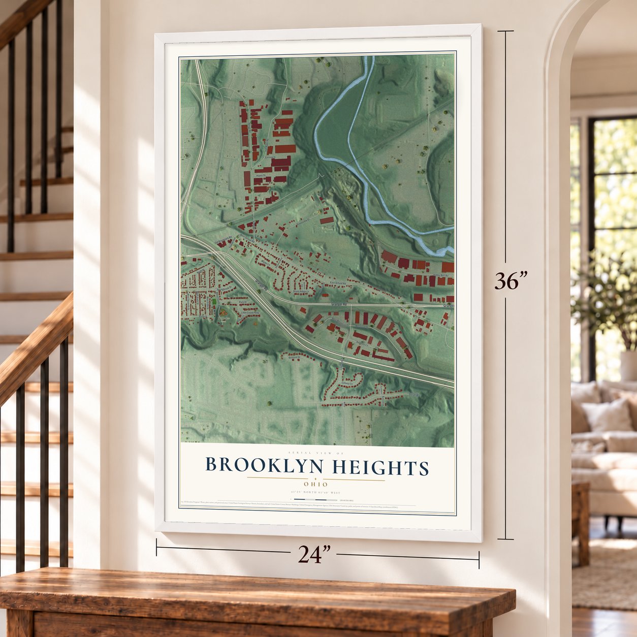 Brooklyn Heights, Ohio map, 24 x 36 inch print in a white frame by a staircase
