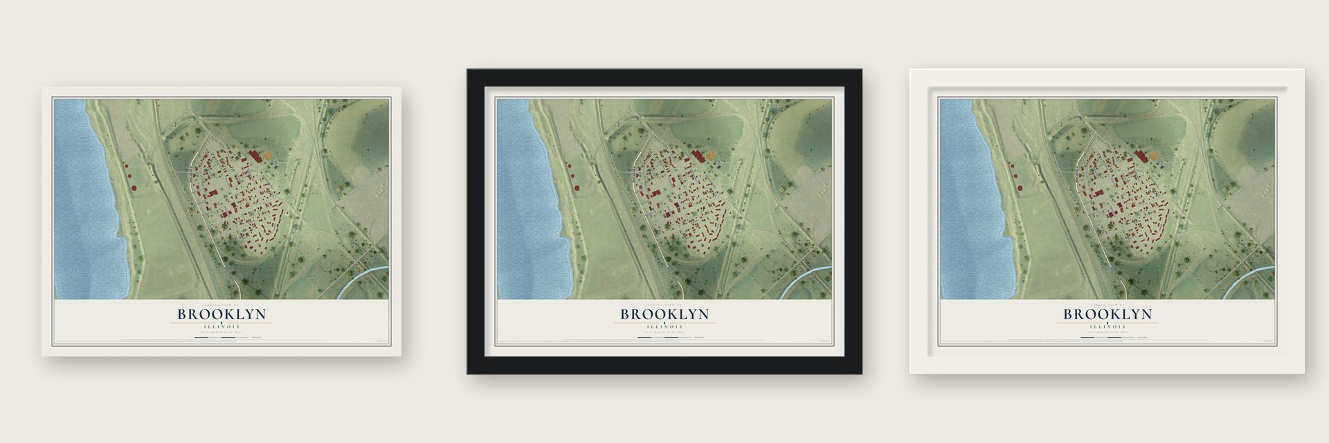 Brooklyn, Illinois map unframed, in a black wood frame and in a white wood frame