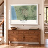 Brooklyn, Illinois map, 24 x 36 inch print in a white frame above a dresser by a staircase