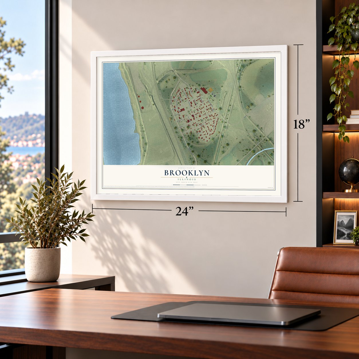 Brooklyn, Illinois map, 18 x 24 inch print in a white frame in a home office