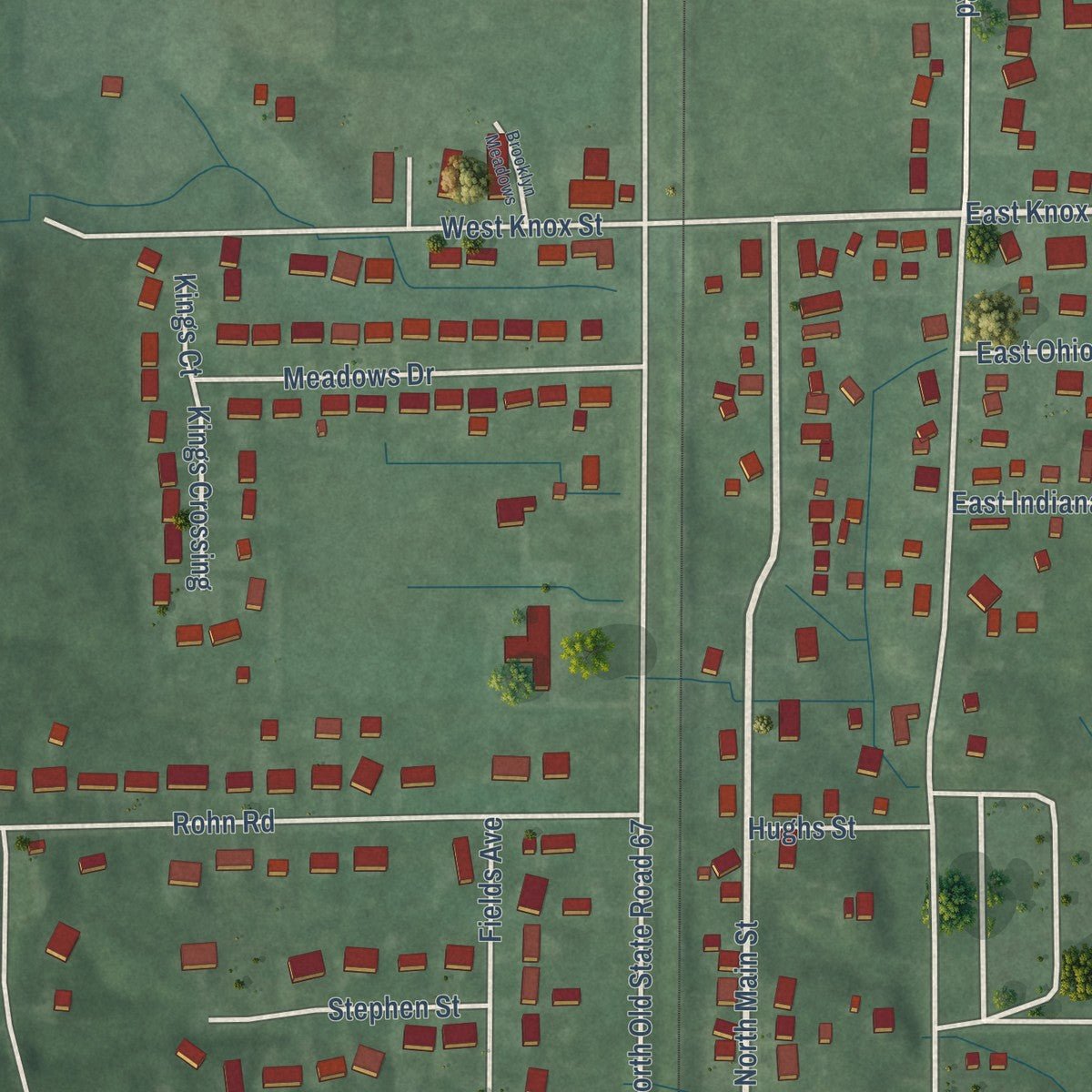 Second close-up of the map of Brooklyn, Indiana print showing more streets and buildings