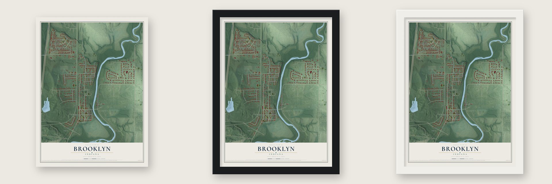 Brooklyn, Indiana map unframed, in a black wood frame and in a white wood frame