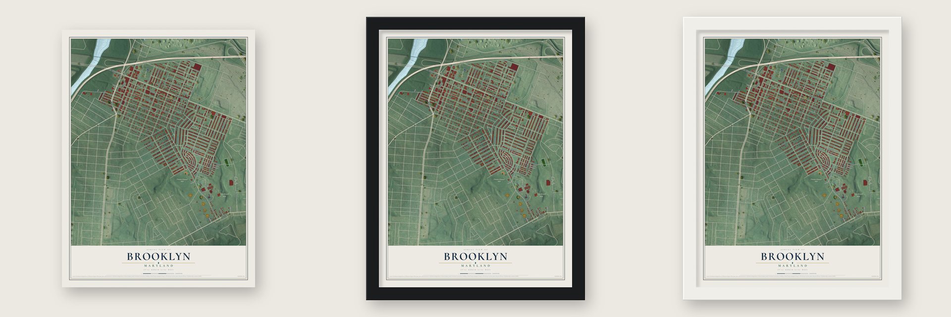 Brooklyn, Maryland map unframed, in a black wood frame and in a white wood frame