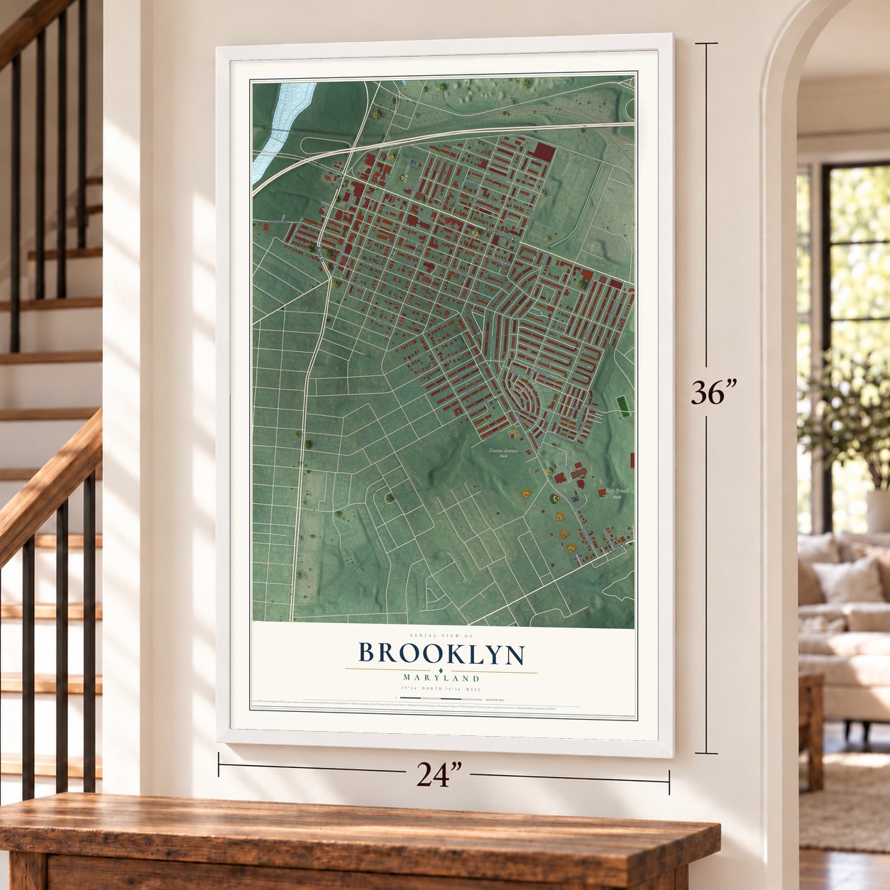 Brooklyn, Maryland map, 24 x 36 inch print in a white frame by a staircase