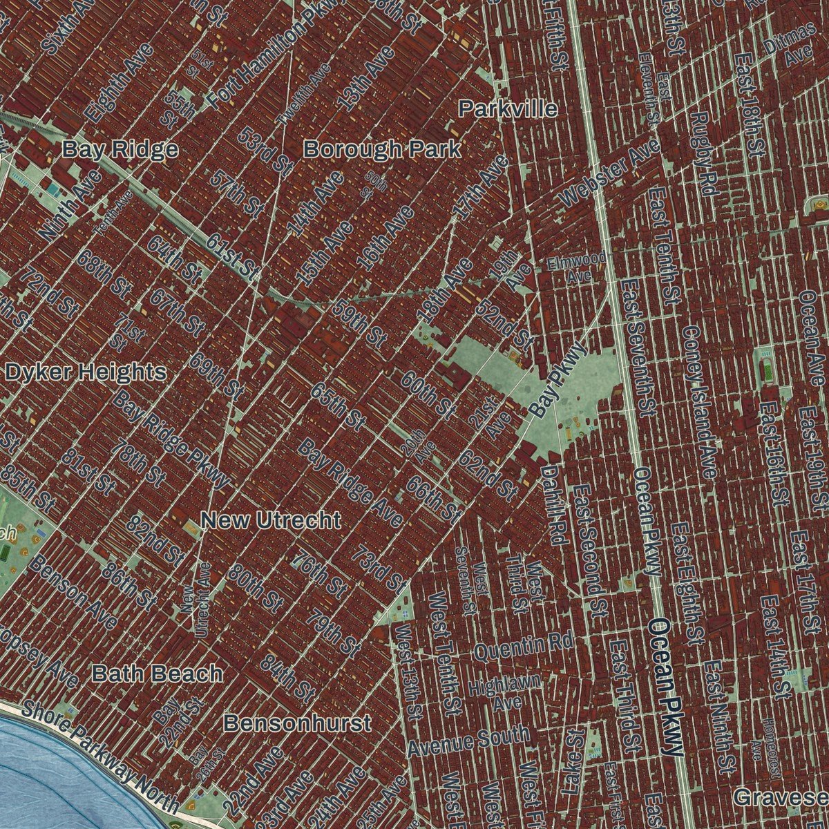 Second close-up of the map of Brooklyn, New York print showing more streets and buildings