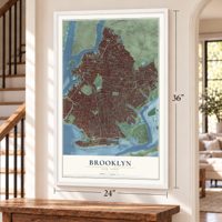 Brooklyn, New York map, 24 x 36 inch print in a white frame by a staircase