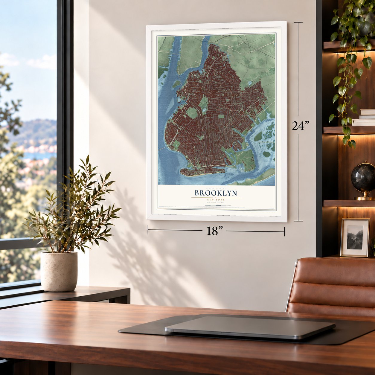 Brooklyn, New York map, 18 x 24 inch print in a white frame in a home office