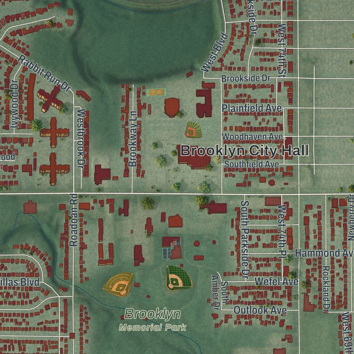 Second close-up of the map of Brooklyn, Ohio print showing more streets and buildings