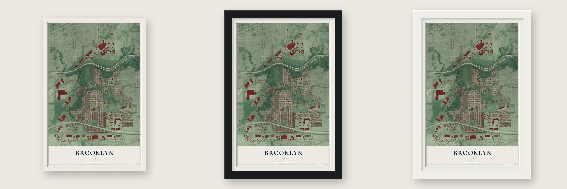 Brooklyn, Ohio map unframed, in a black wood frame and in a white wood frame