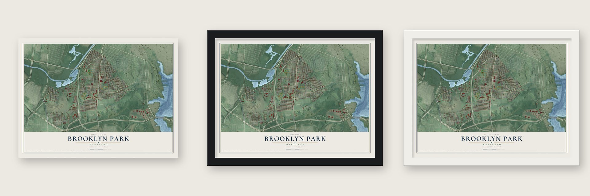 Brooklyn Park, Maryland map unframed, in a black wood frame and in a white wood frame