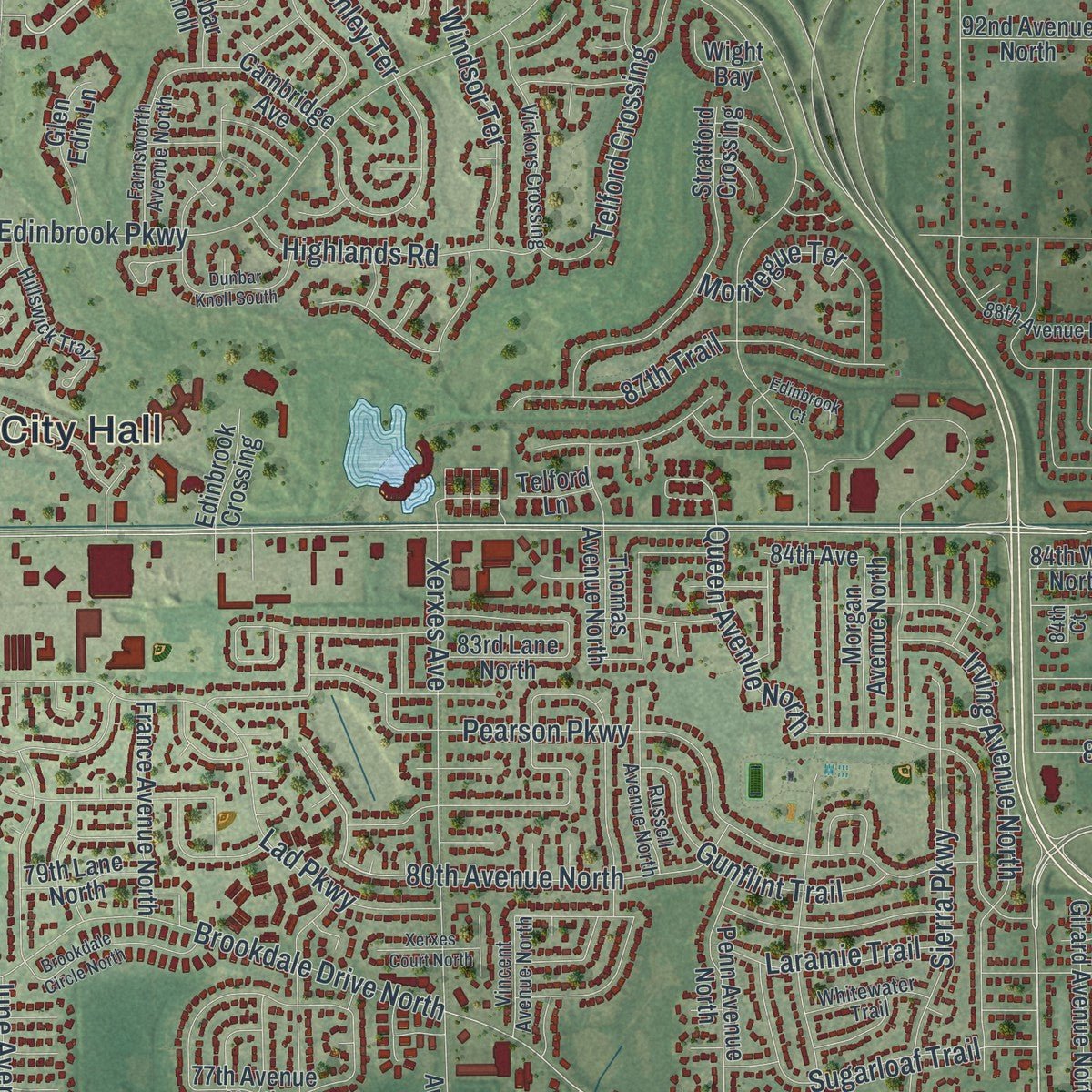 Second close-up of the map of Brooklyn Park, Minnesota print showing more streets and buildings