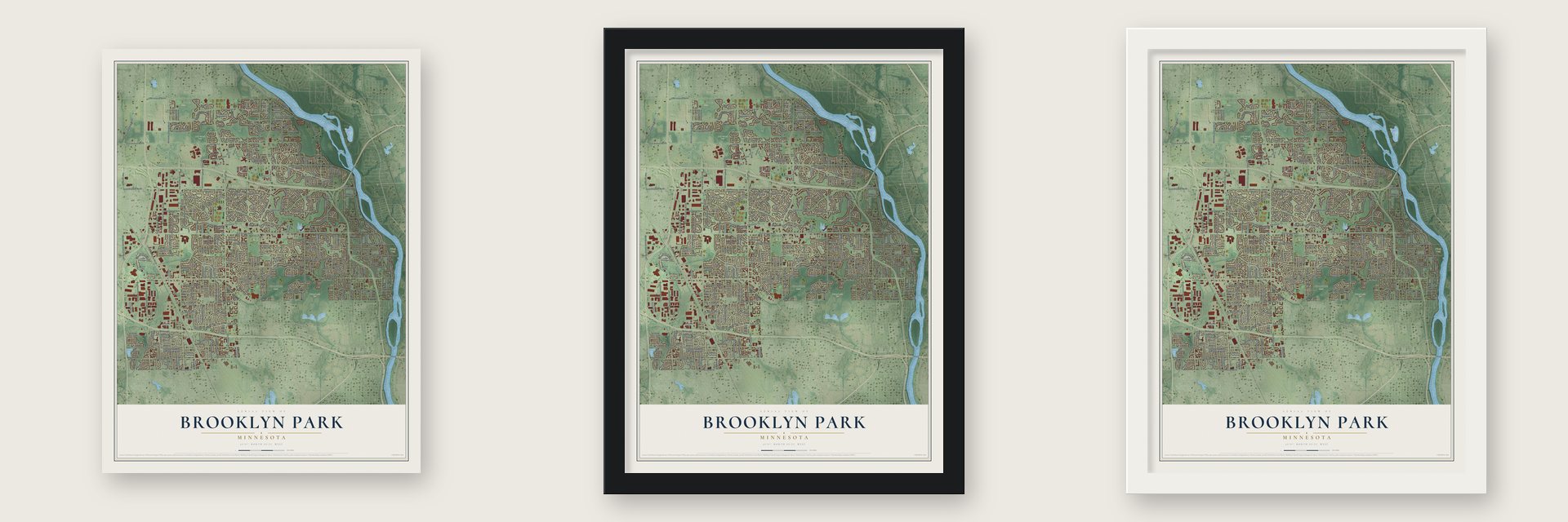 Brooklyn Park, Minnesota map unframed, in a black wood frame and in a white wood frame