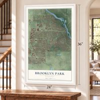 Brooklyn Park, Minnesota map, 24 x 36 inch print in a white frame by a staircase