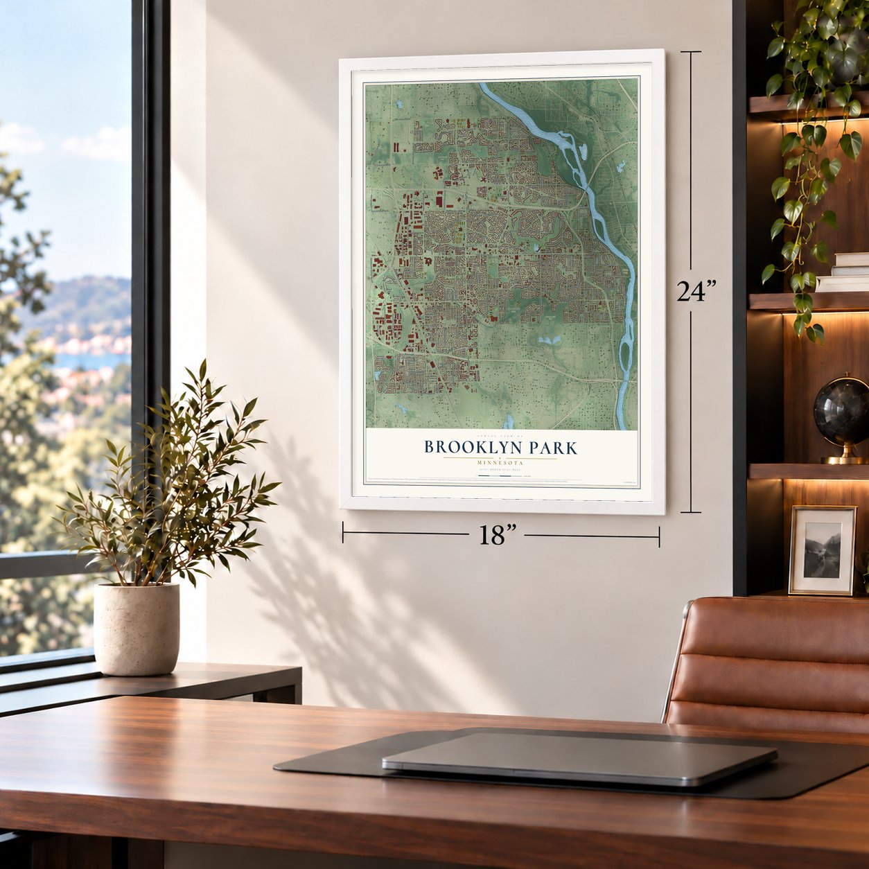 Brooklyn Park, Minnesota map, 18 x 24 inch print in a white frame in a home office
