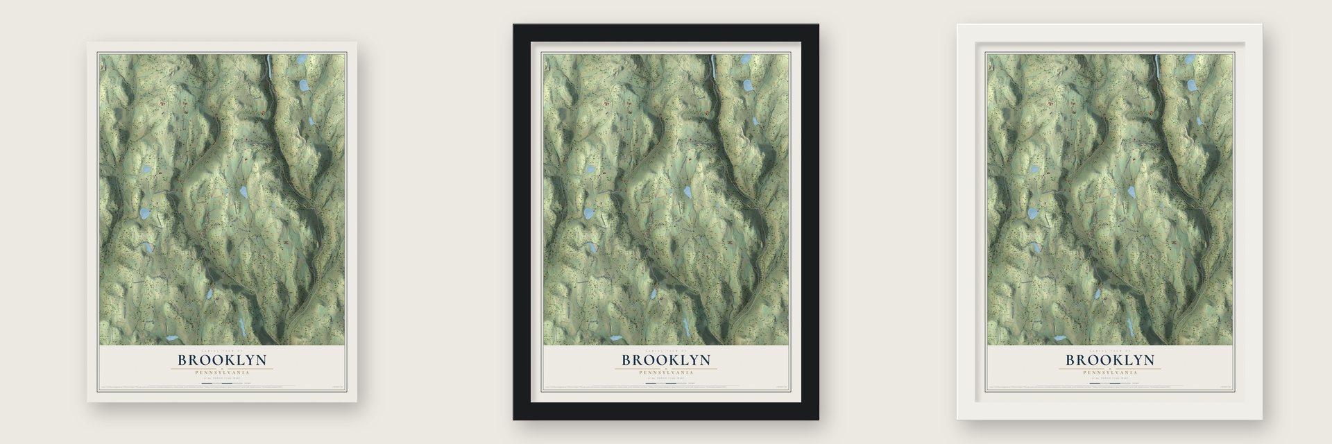 Brooklyn, Pennsylvania map unframed, in a black wood frame and in a white wood frame