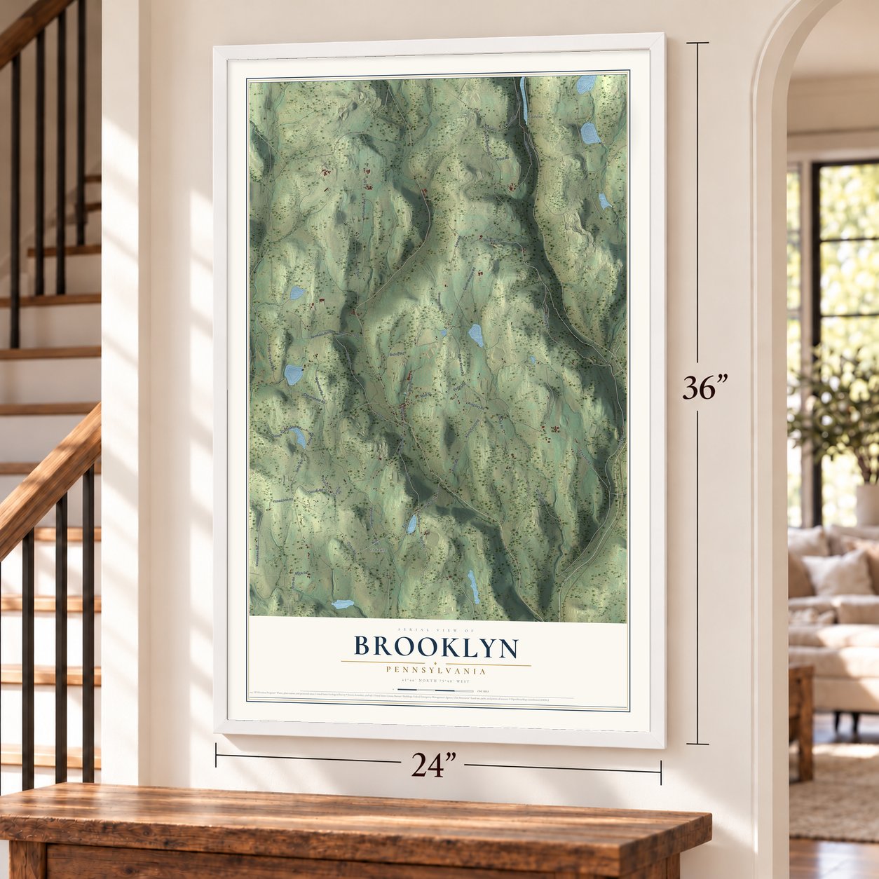 Brooklyn, Pennsylvania map, 24 x 36 inch print in a white frame by a staircase