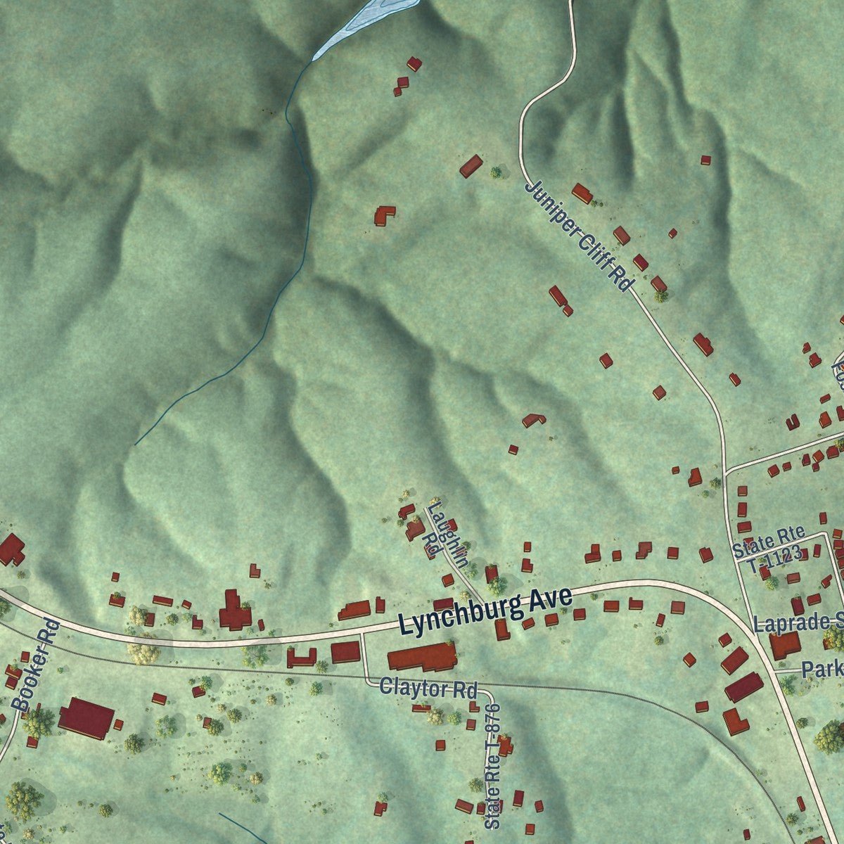 Second close-up of the map of Brookneal, Virginia print showing more streets and buildings