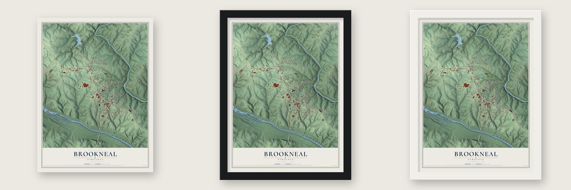 Brookneal, Virginia map unframed, in a black wood frame and in a white wood frame