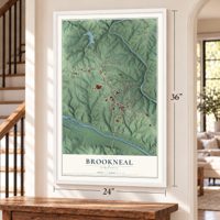 Brookneal, Virginia map, 24 x 36 inch print in a white frame by a staircase