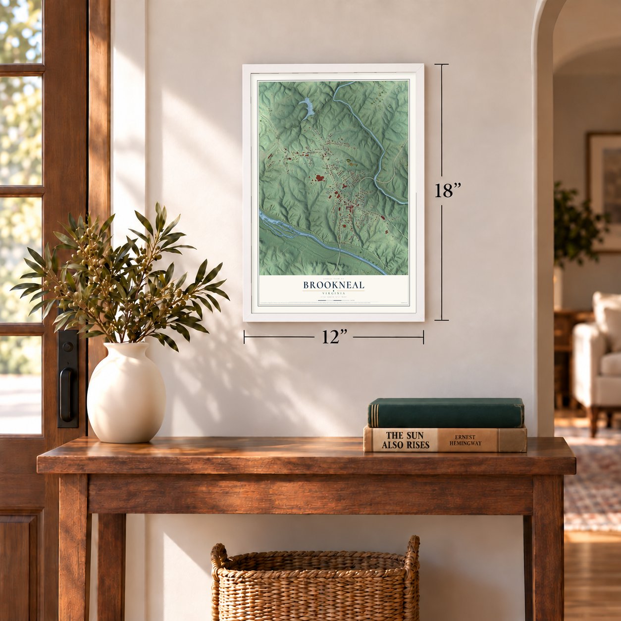 Brookneal, Virginia map, 12 x 18 inch print in a white frame in an entryway
