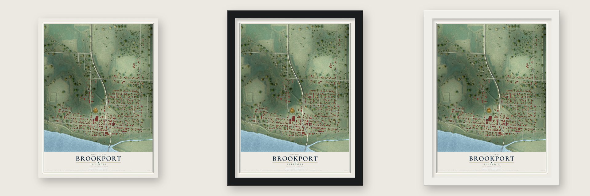 Brookport, Illinois map unframed, in a black wood frame and in a white wood frame