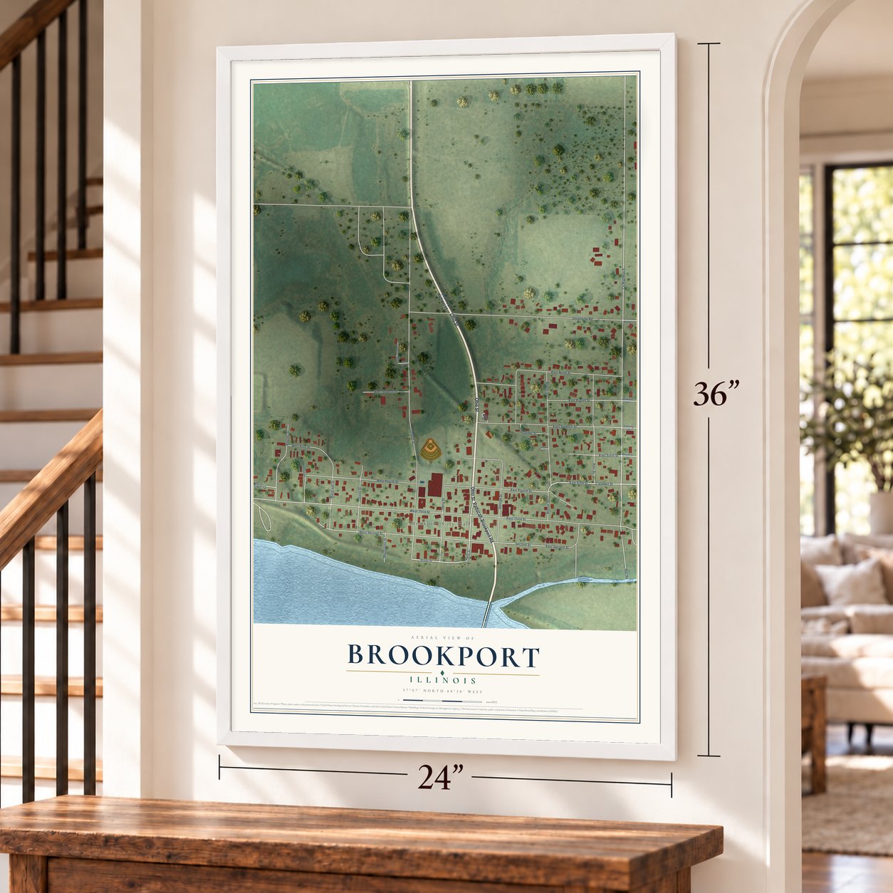 Brookport, Illinois map, 24 x 36 inch print in a white frame by a staircase