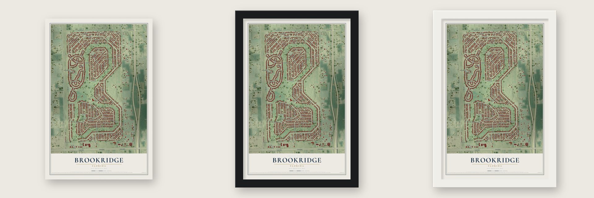 Brookridge, Florida map unframed, in a black wood frame and in a white wood frame