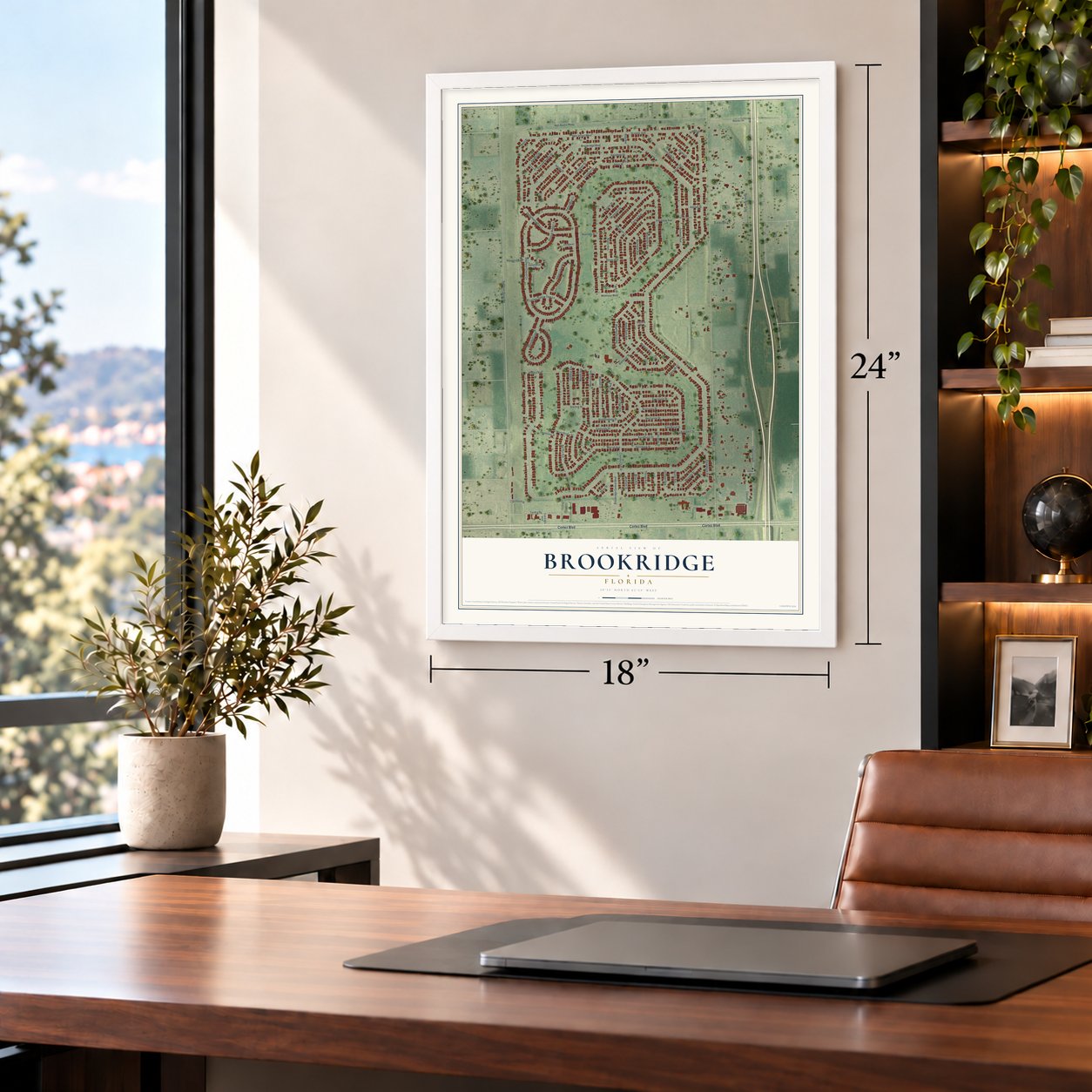 Brookridge, Florida map, 18 x 24 inch print in a white frame in a home office