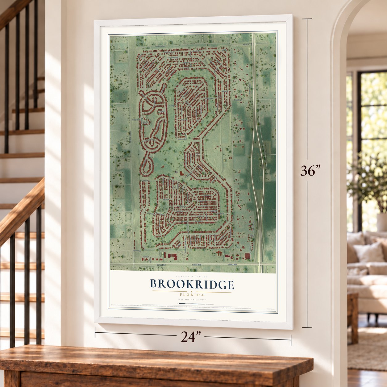 Brookridge, Florida map, 24 x 36 inch print in a white frame by a staircase