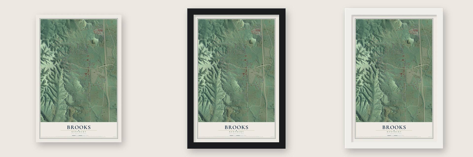 Brooks, Kentucky map unframed, in a black wood frame and in a white wood frame