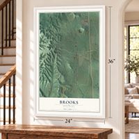 Brooks, Kentucky map, 24 x 36 inch print in a white frame by a staircase