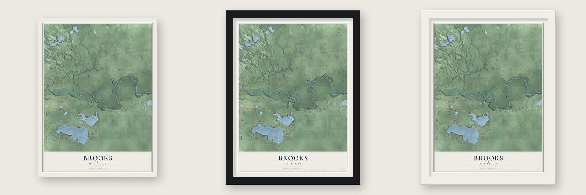 Brooks, Michigan map unframed, in a black wood frame and in a white wood frame