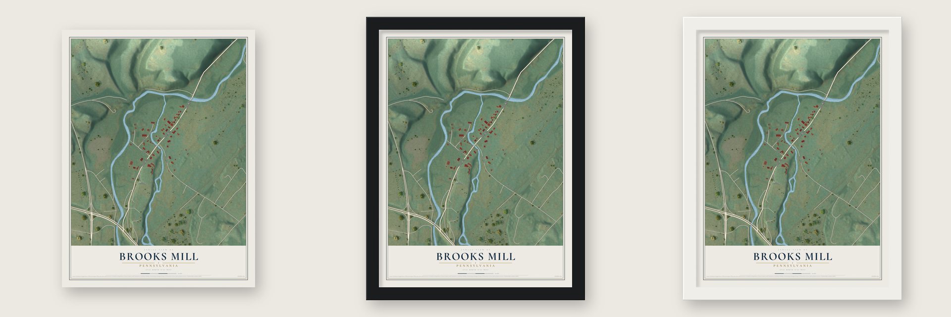 Brooks Mill, Pennsylvania map unframed, in a black wood frame and in a white wood frame