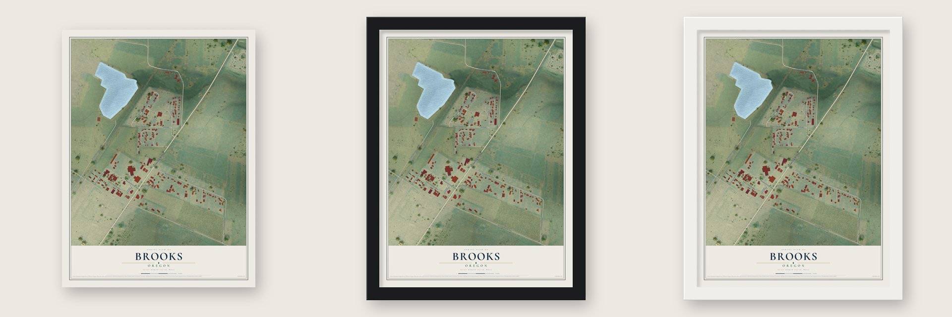 Brooks, Oregon map unframed, in a black wood frame and in a white wood frame