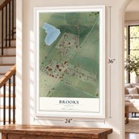 Brooks, Oregon map, 24 x 36 inch print in a white frame by a staircase