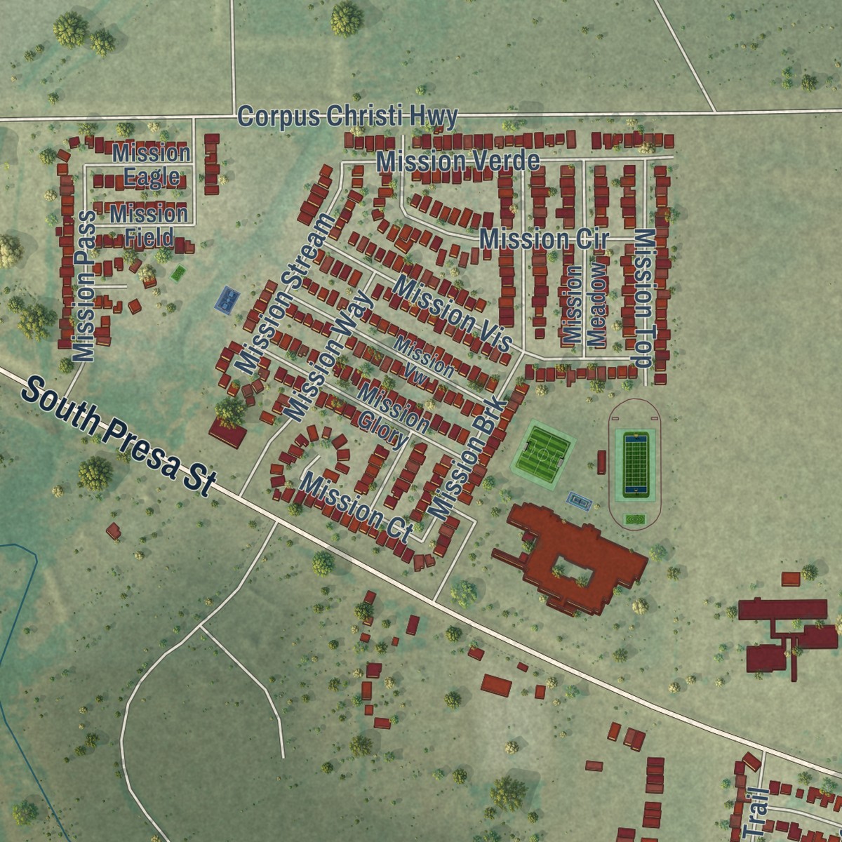 Second close-up of the map of Brooks, Texas print showing more streets and buildings