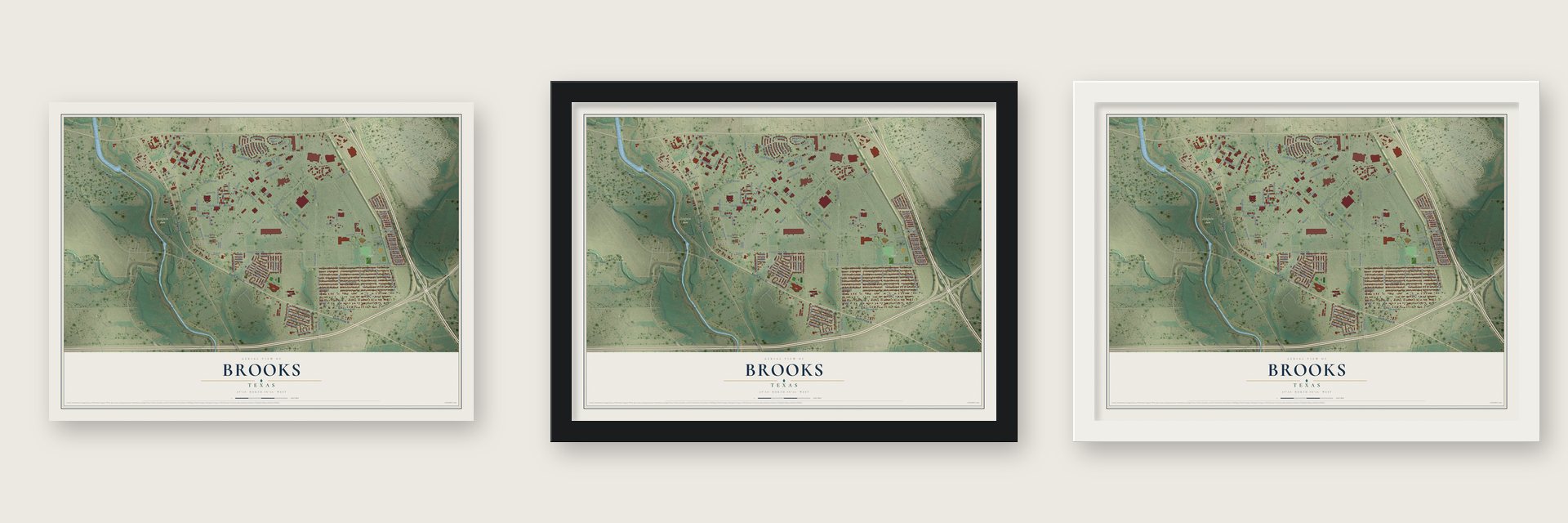 Brooks, Texas map unframed, in a black wood frame and in a white wood frame